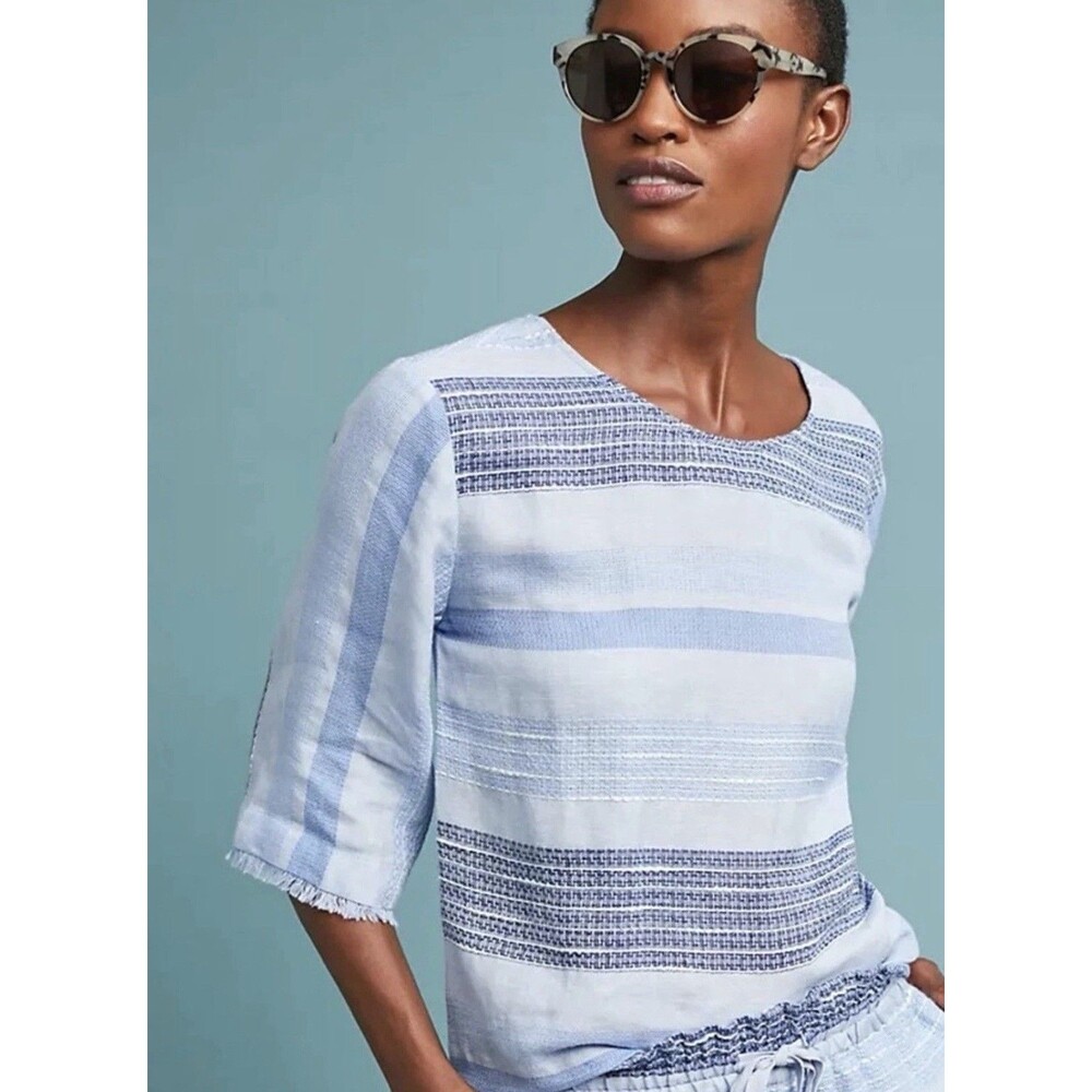 Anthropologie Cloth & Stone Shirt Top Blue Linen Blend Stripe Ribbon Fringed XL